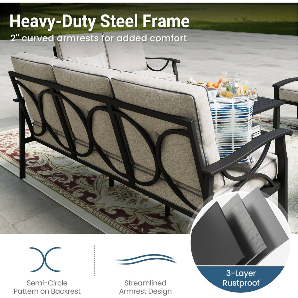 Outdoor Patio Set Metal Black Gray Cushion 4 Piece Seats 5