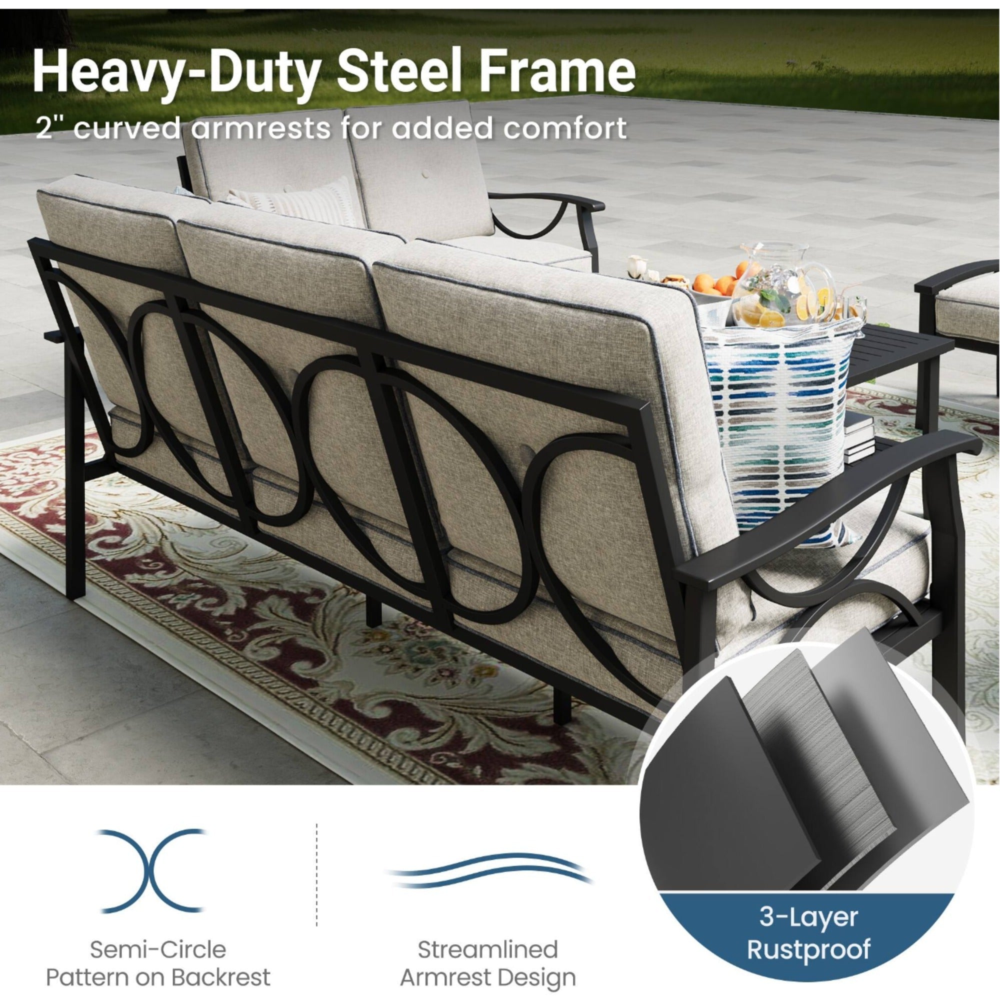 Outdoor Patio Set Metal Black Gray Cushion 4 Piece Seats 5