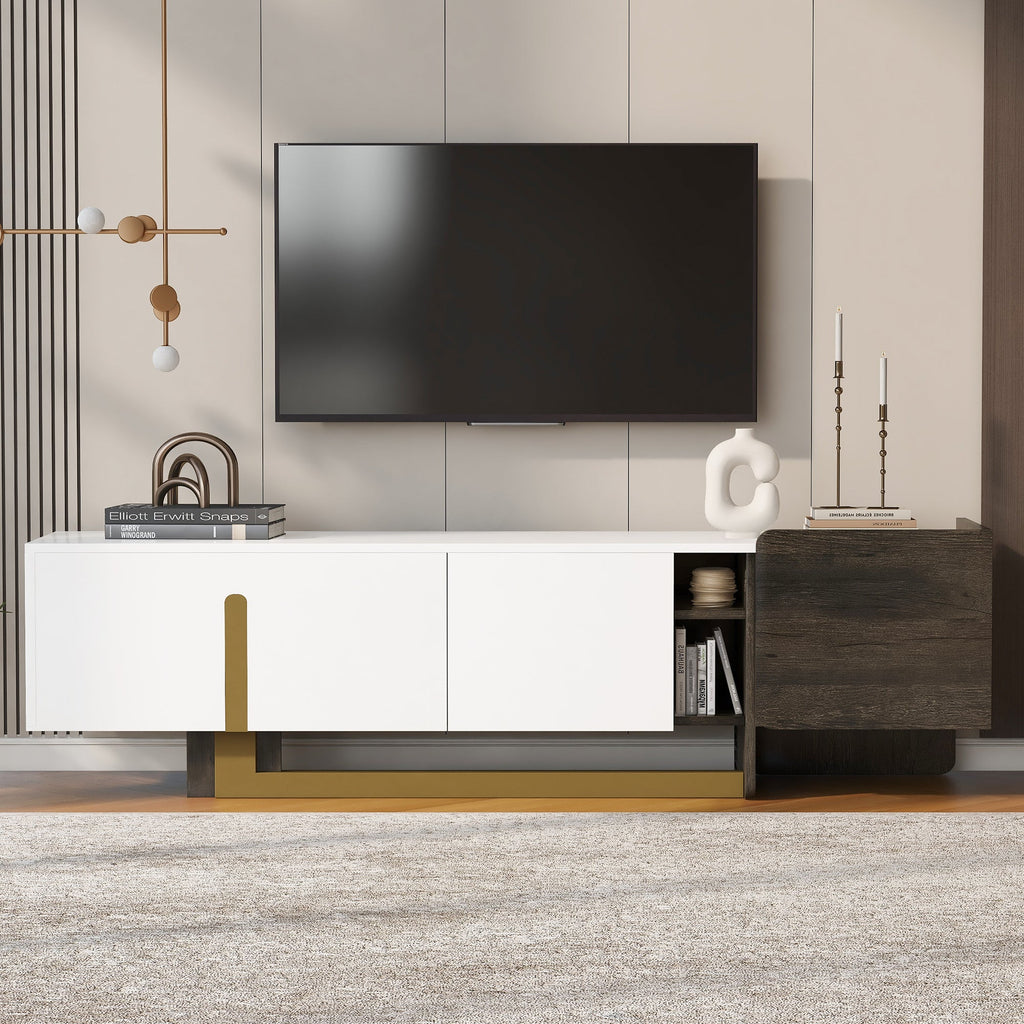 TV Stand Luxury White MDF Metal Legs Drawer 2-Cabinet Fits 70 In TV 66.7 In