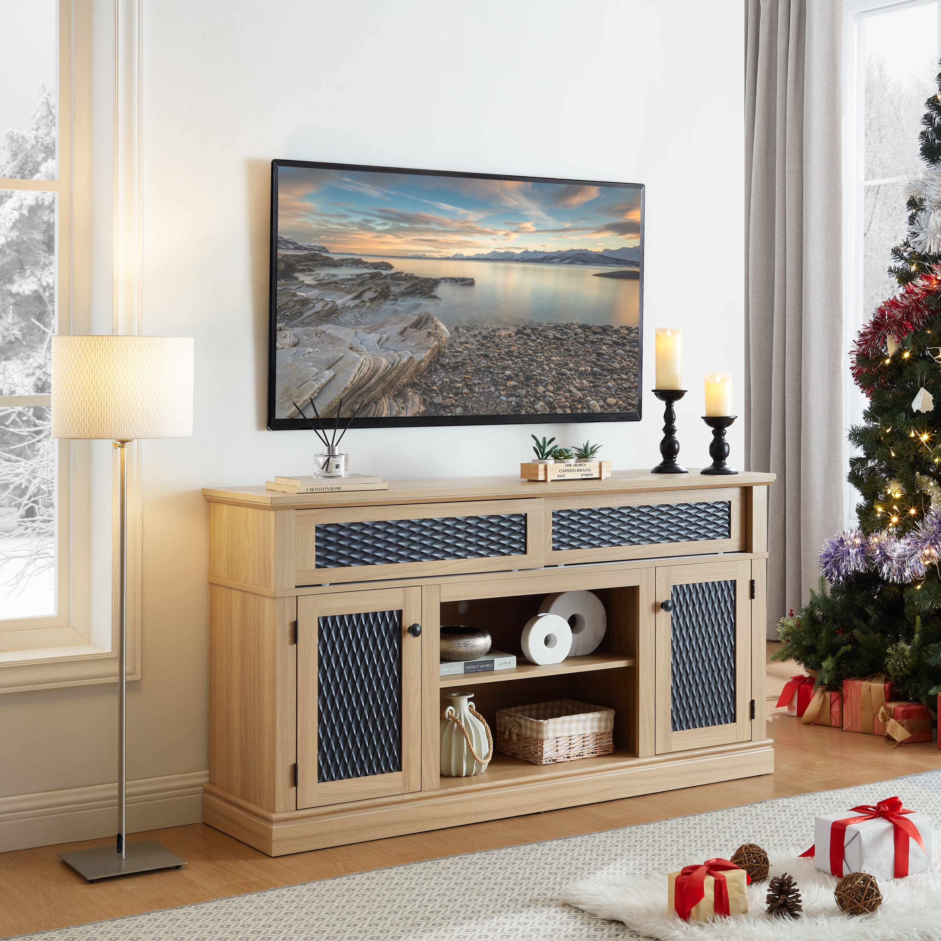 TV Stand Fireplace Light Oak MDF Embossed Doors 1400W Fits 65 In TV 58.27 In