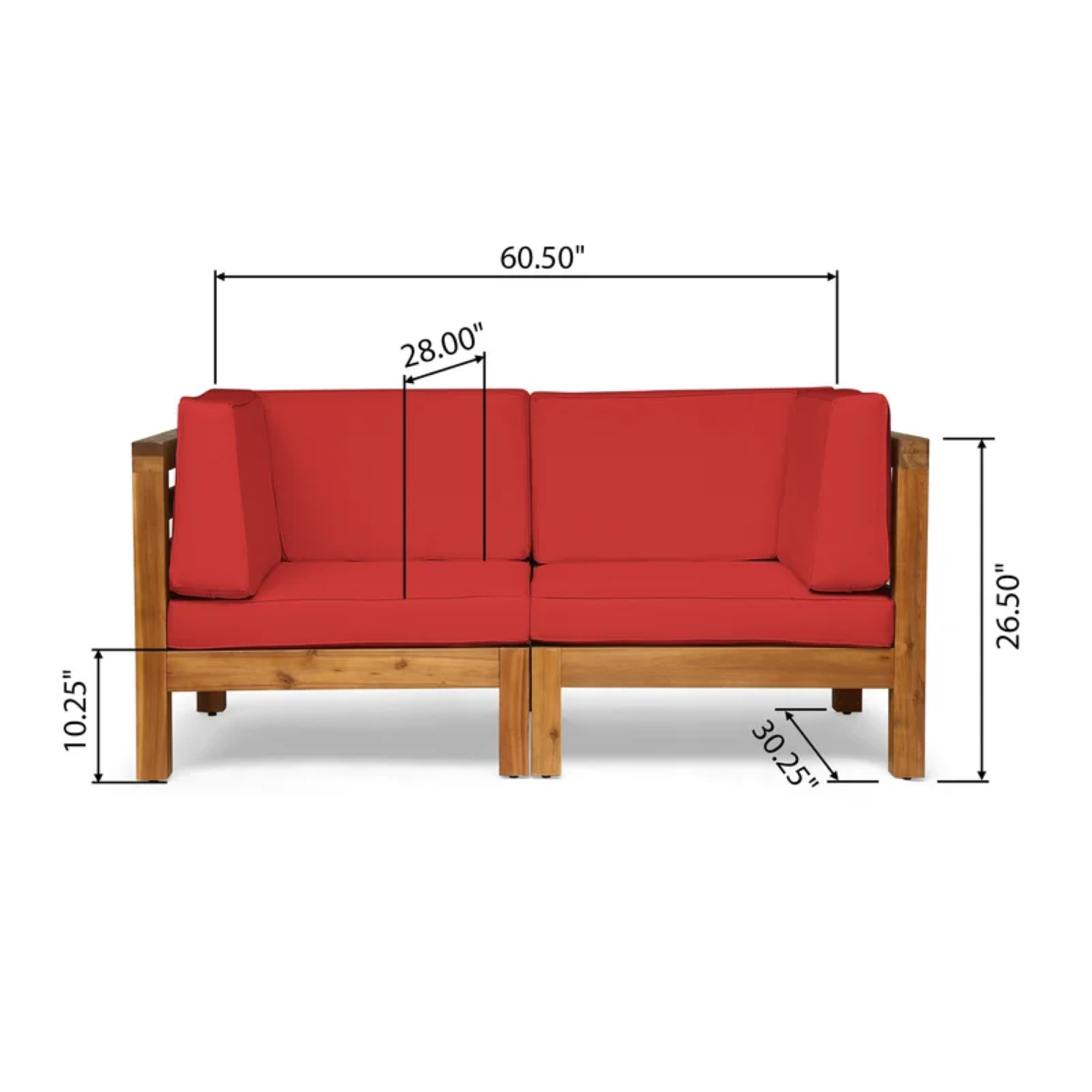 2-Piece Love Seat Set with Water-Resistant Cushions, Red, Acacia Wood Frame,