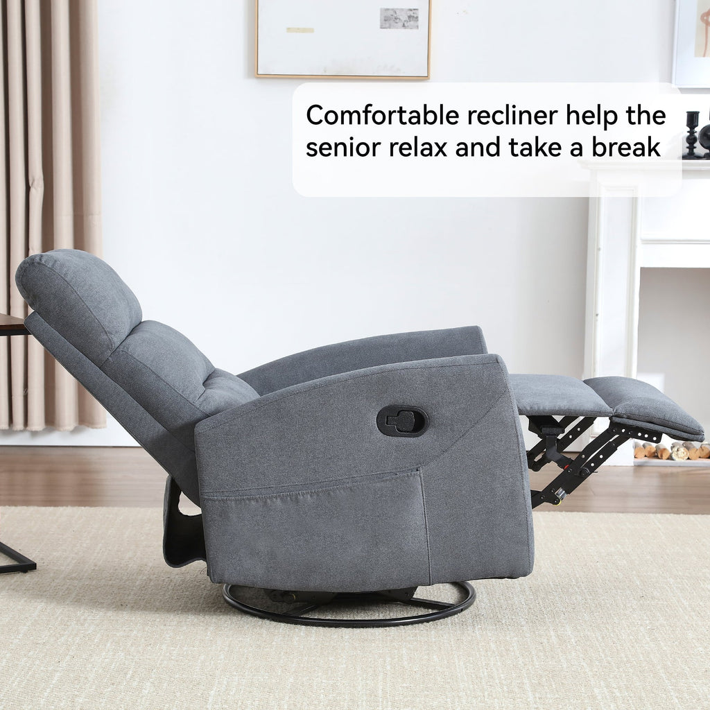 Manual Recliner Chair with Rocker and Swivel in Fabric for Living Room, Grey