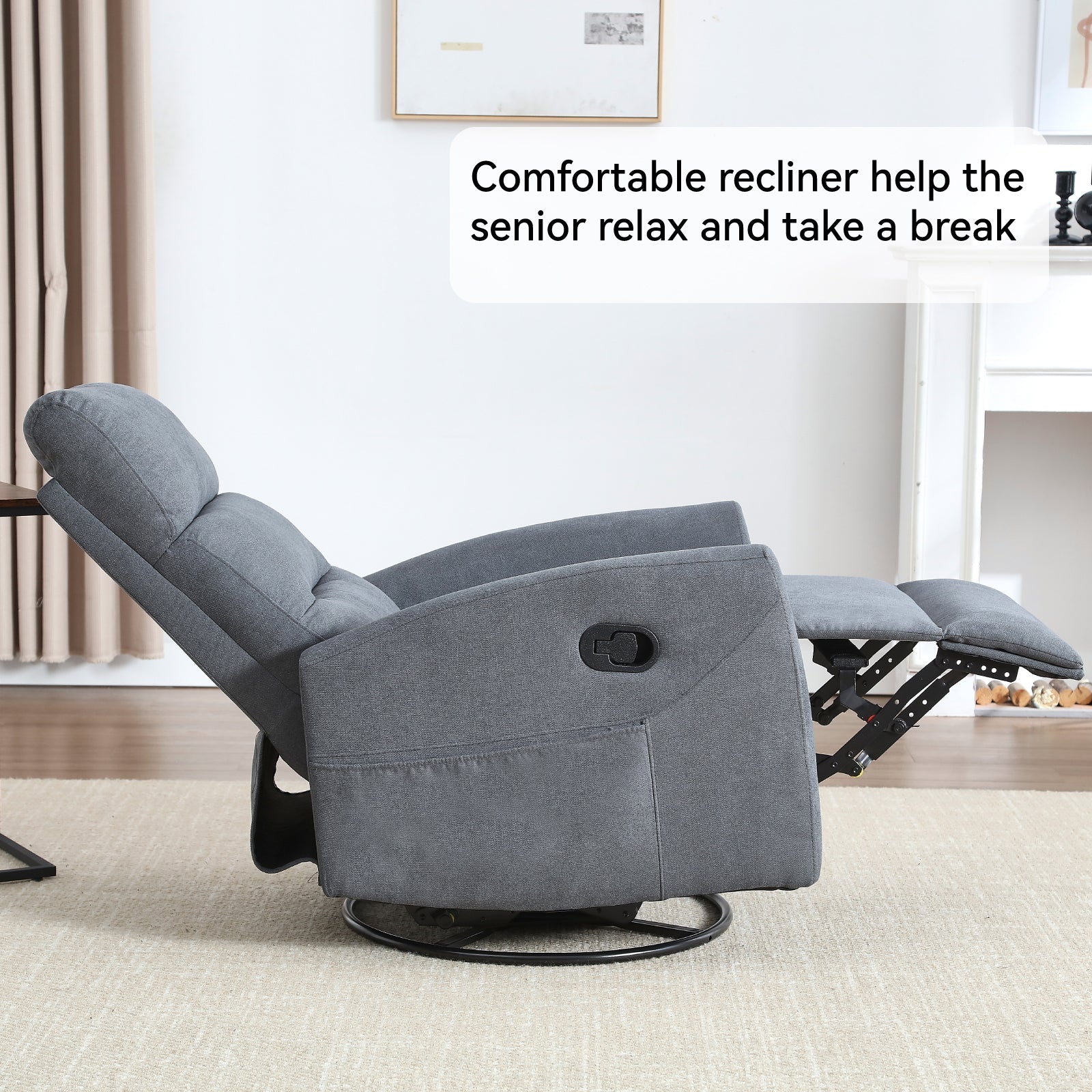 Manual Recliner Chair with Rocker and Swivel in Fabric for Living Room, Grey
