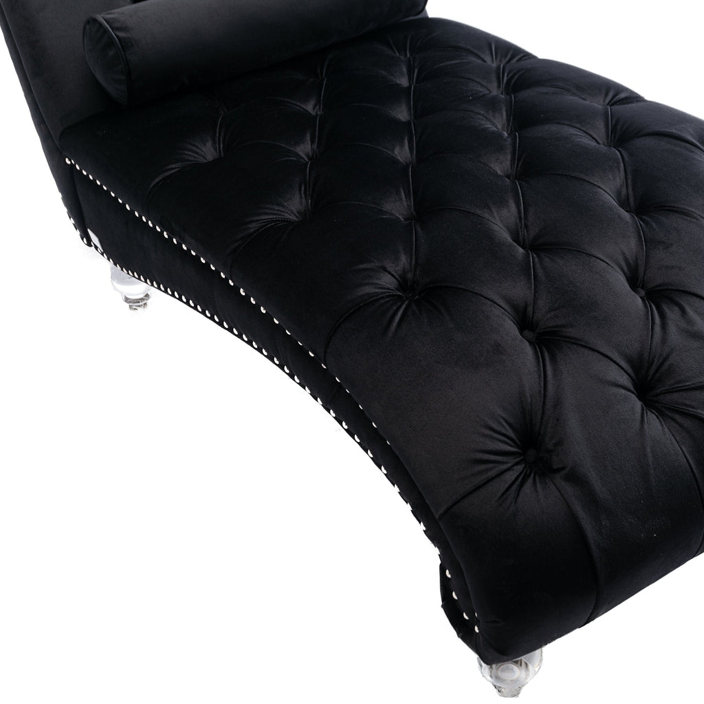 Velvet Chaise Lounge, Button-Tufted with Pillow, Black, 63.38x28.94x34.05 in