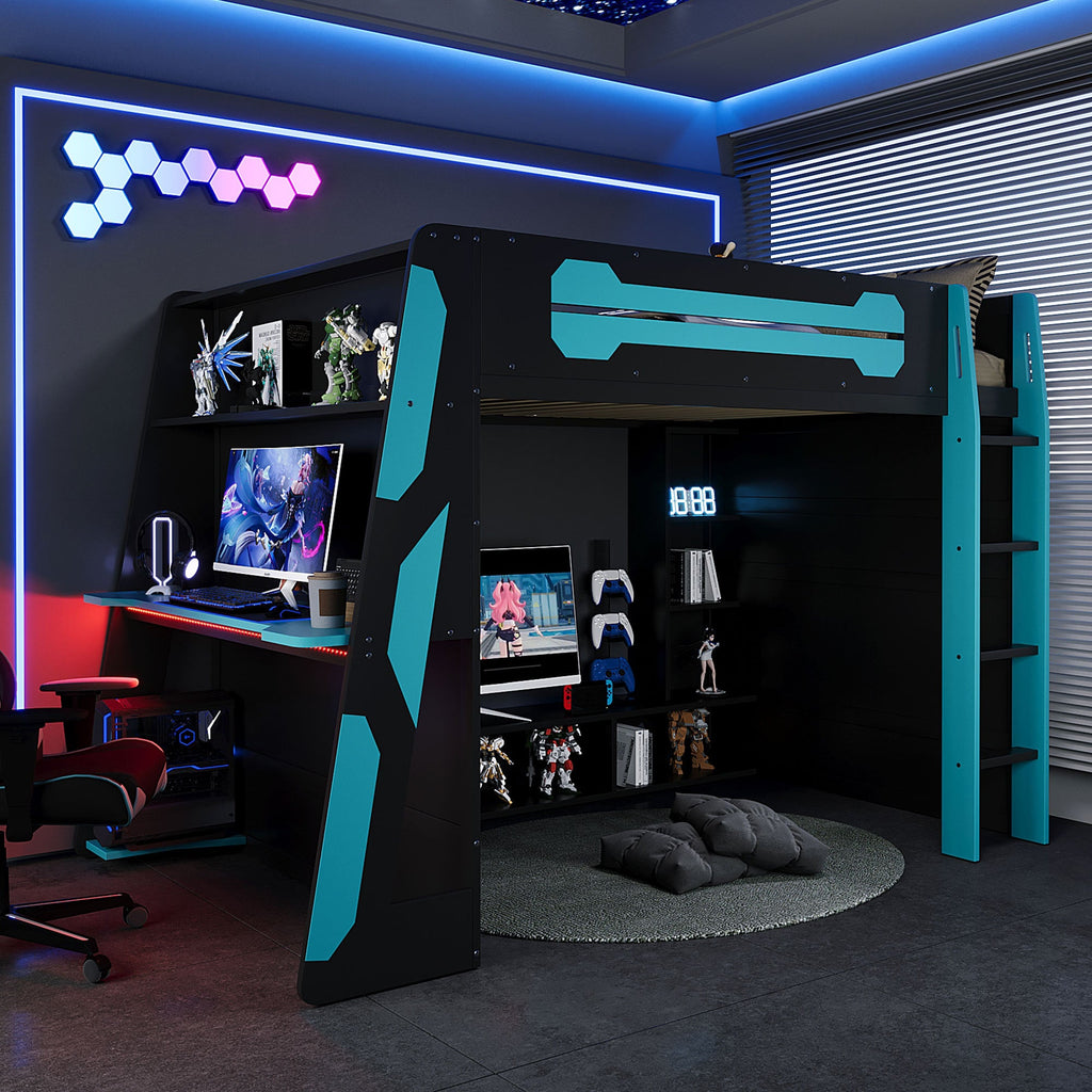 Full Size Wood Loft Bed with Desk, Multi-storage Shelves and RGB Light, Cloud