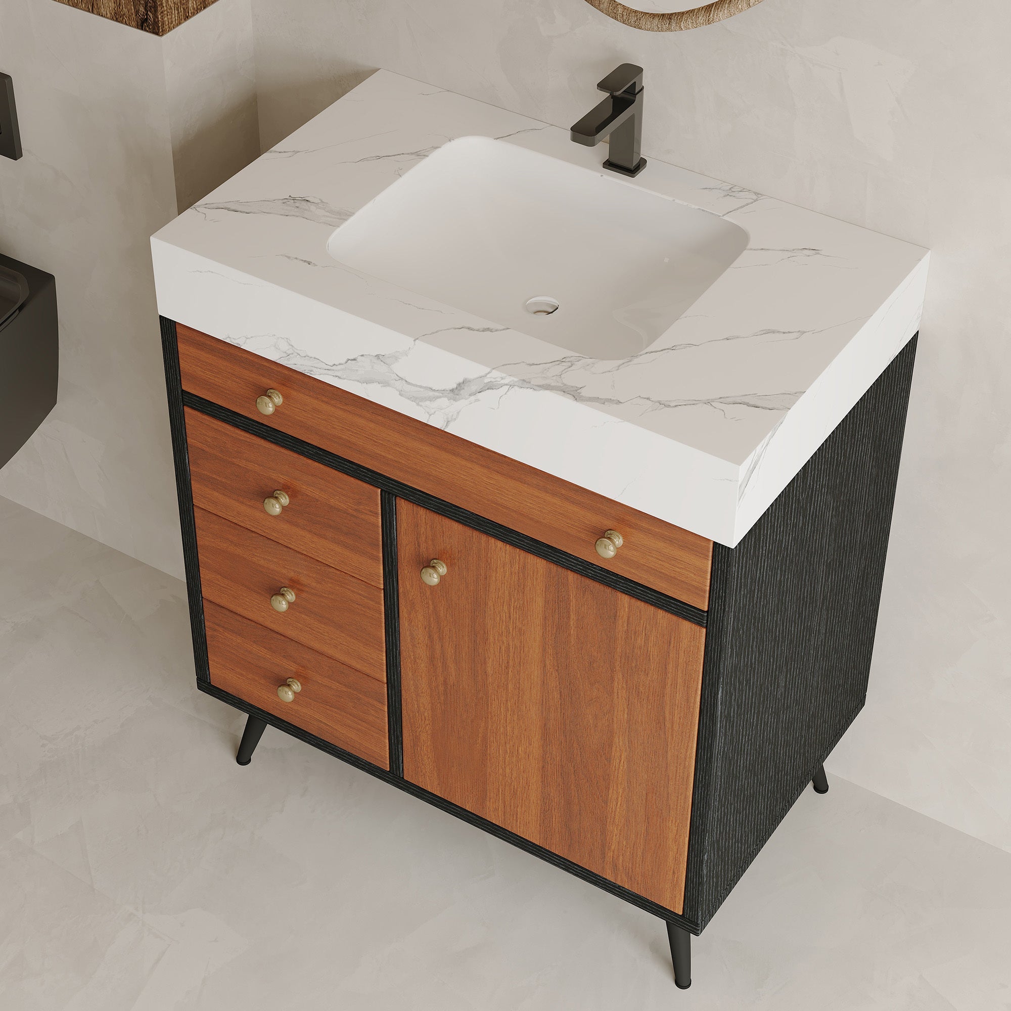 Modern Free-Standing Bathroom Vanity with Ceramic Sink & Sintered Stone Top
