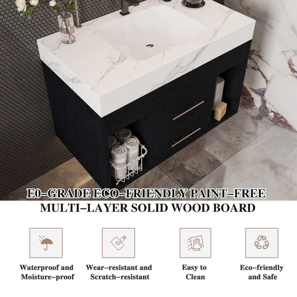 29.9' Modern Floating Bathroom Vanity with Sintered Stone Top Ceramic Undermo...