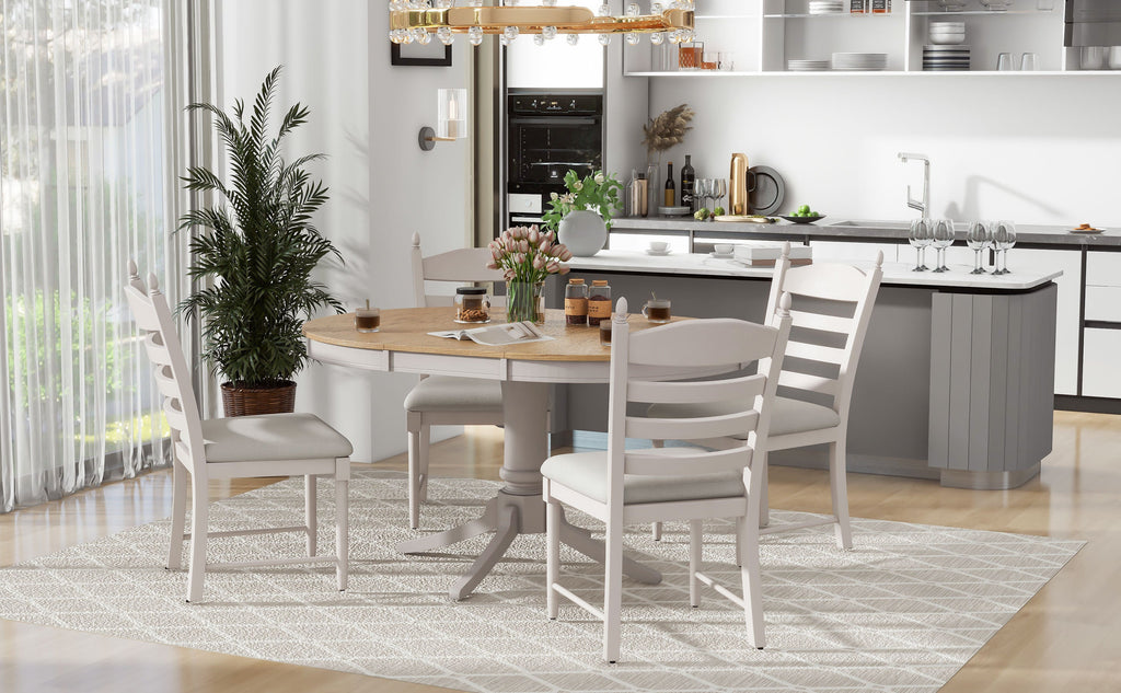 5-Piece Retro Functional Dining Table Set Wood Round Extendable Dining Table