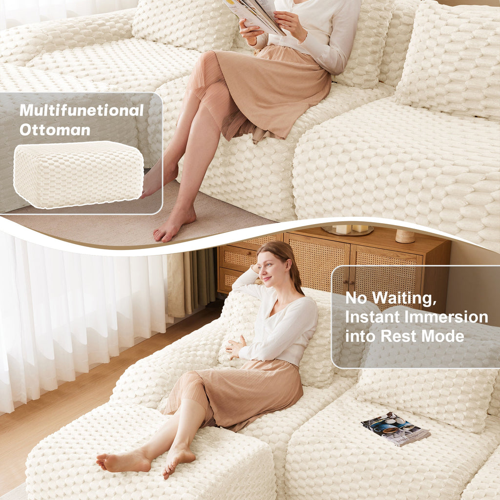 Sectional loveseat L-Shape Flannelette Cream 2 Seat with Ottoman 82 In