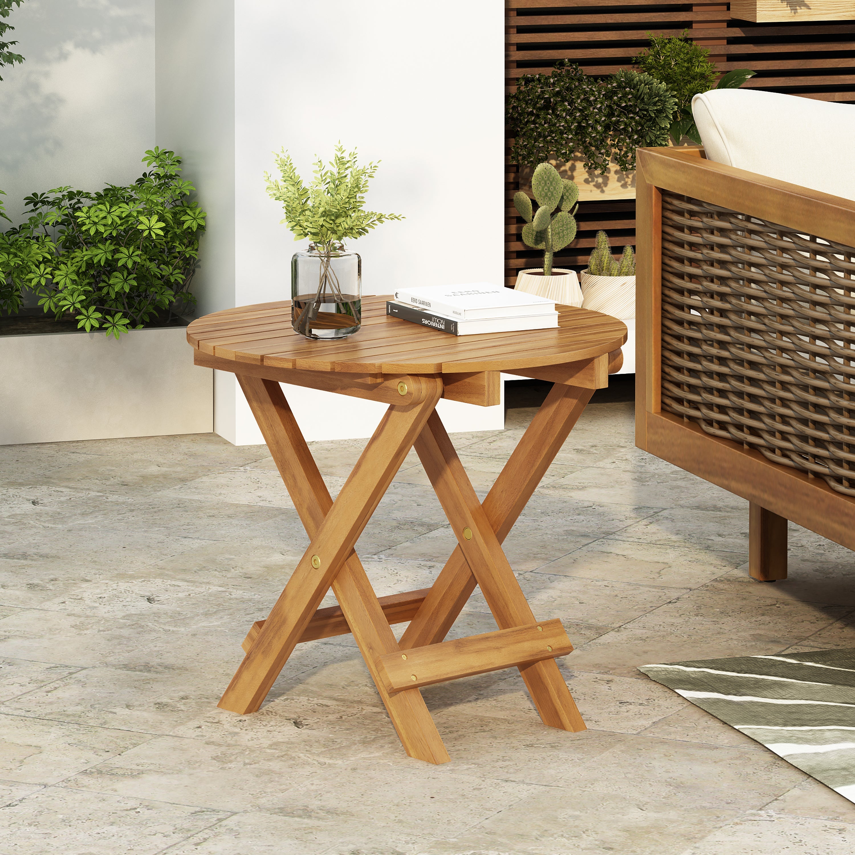 Outdoor Conversation Set Acacia Wood Teak Dark Gray Cushion 3 Piece