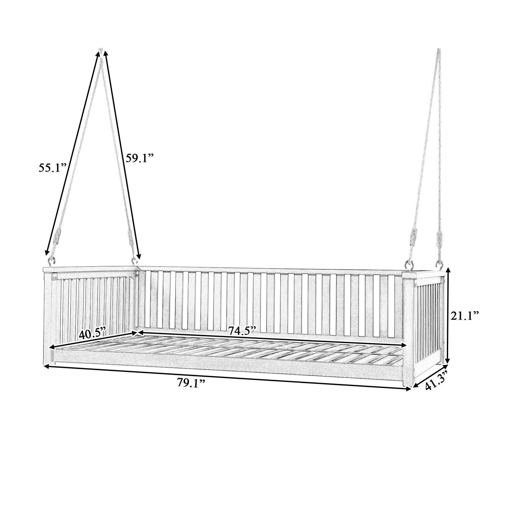 Outdoor Swing Bed Acacia Wood White Twin Size Minimalist 79.1x41.3 In 350 LB