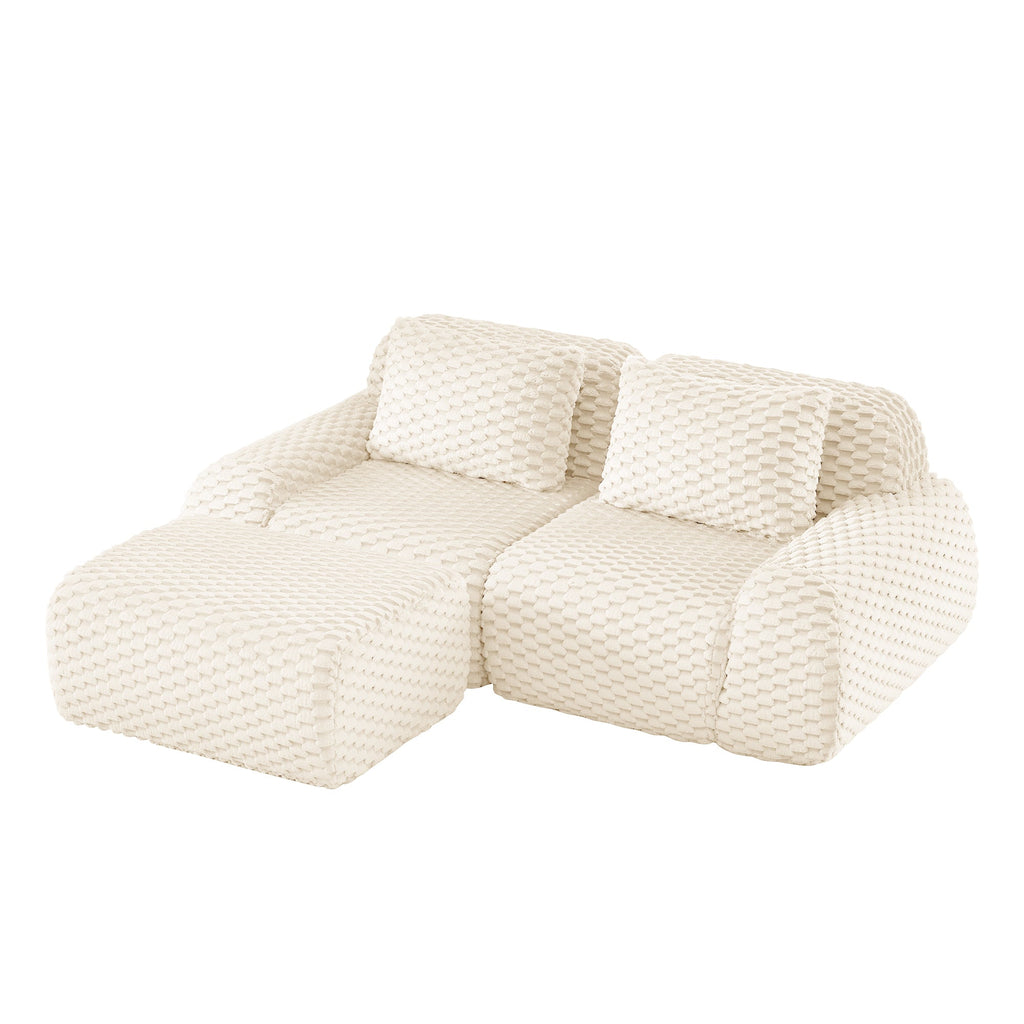 Sectional loveseat L-Shape Flannelette Cream 2 Seat with Ottoman 82 In