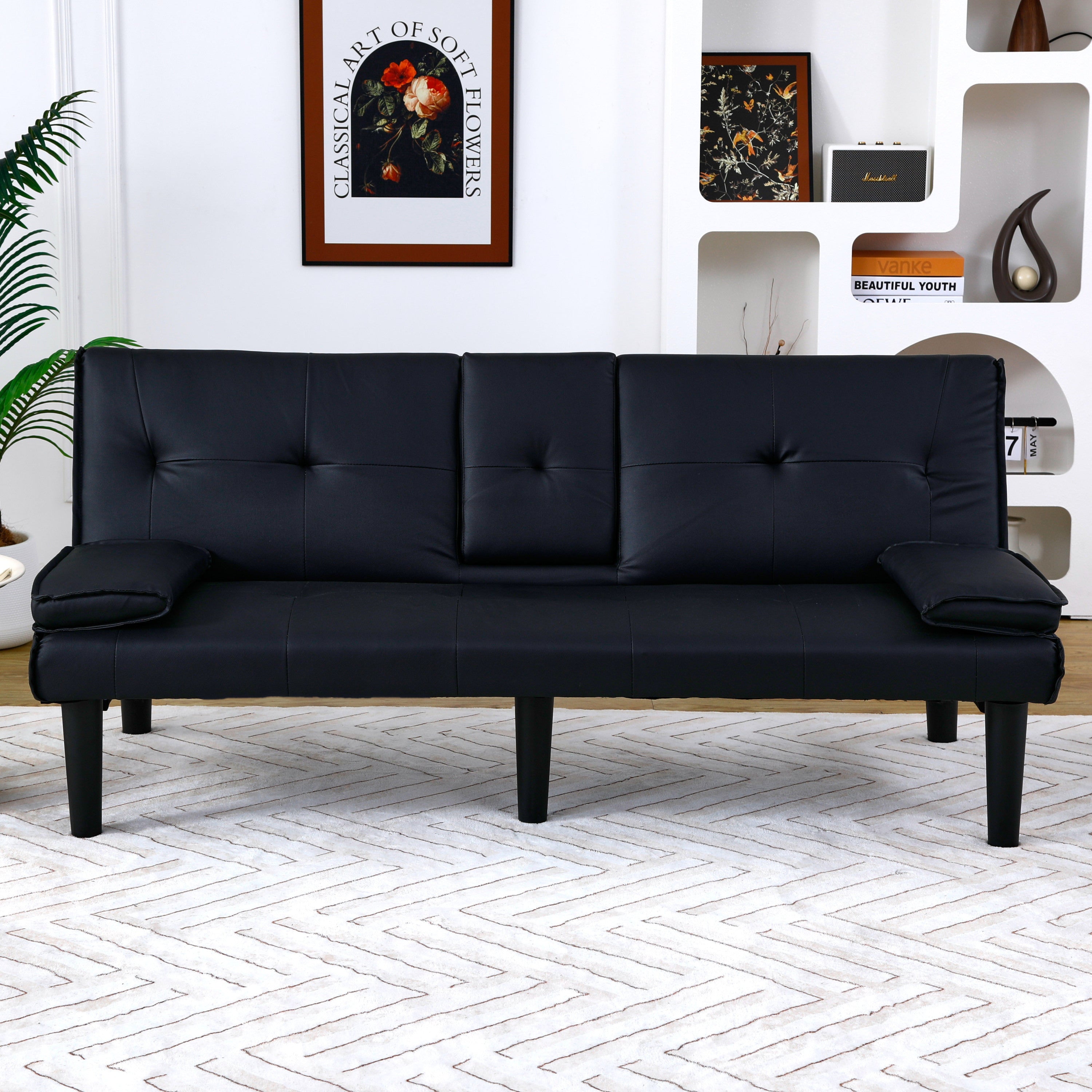 67-inch Black PVC Multi-Functional Sofa Bed with Foldable Design and Cup Holder