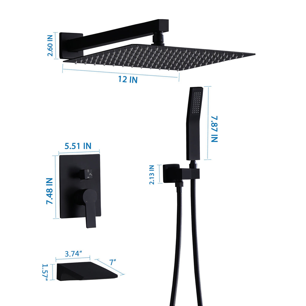 Matte Black All Metal Tub Shower Faucet Set with 12in Rain Shower Head, Wall