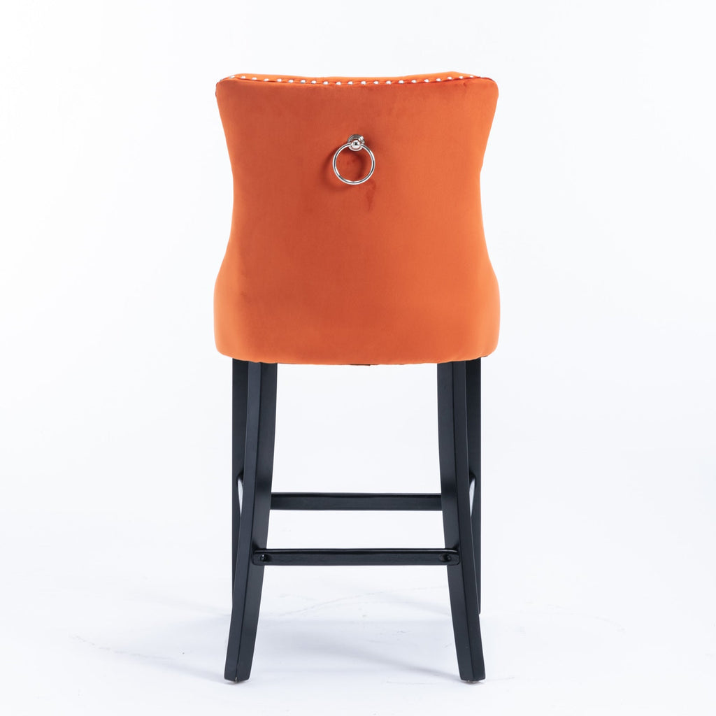 Velvet Upholstered Barstool Set of 2, Button Tufted, Chrome Nailhead, Orange