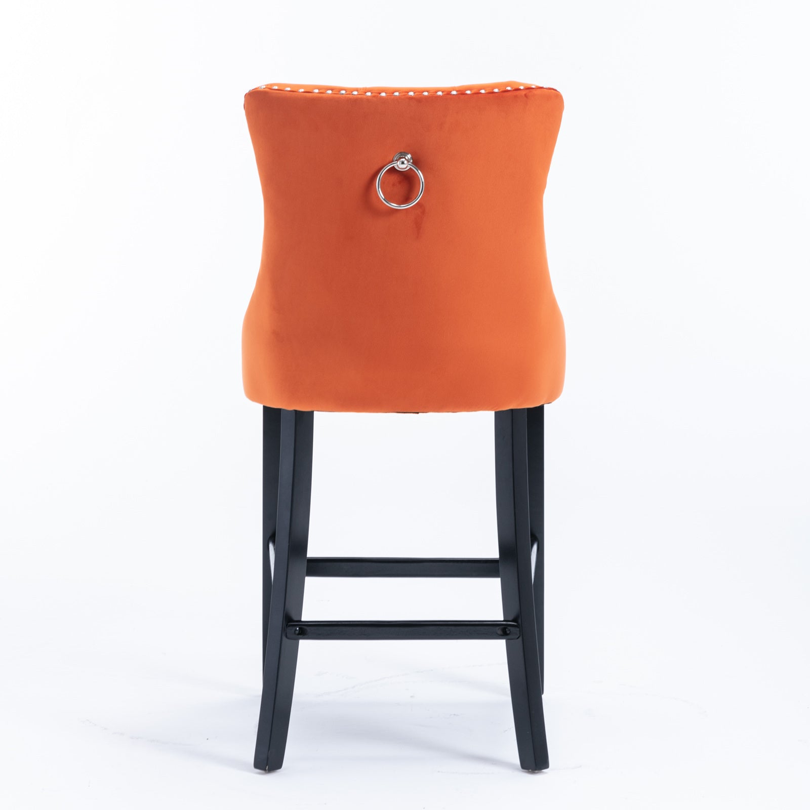 Velvet Upholstered Barstool Set of 2, Button Tufted, Chrome Nailhead, Orange