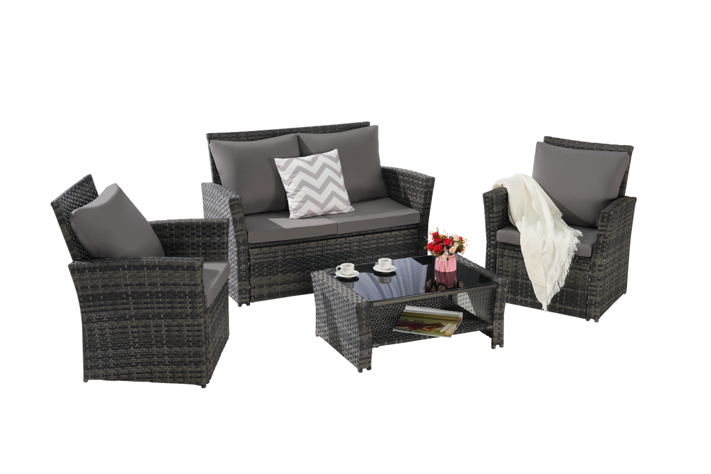 Outdoor Patio Set PE Rattan Steel Dark Gray 4 Piece Glass Seats 4