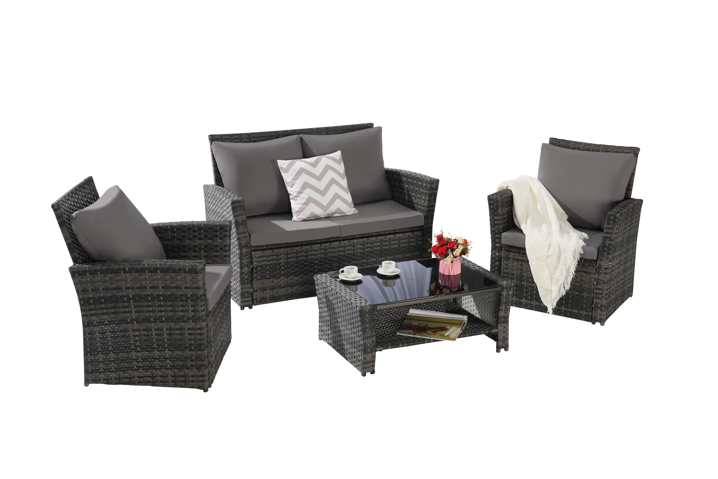 Outdoor Patio Set PE Rattan Steel Dark Gray 4 Piece Glass Seats 4