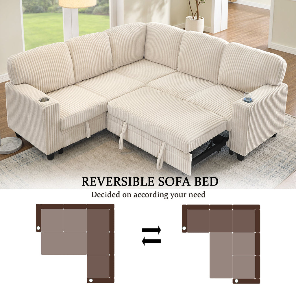 Sofa Bed L-Shape Corduroy Beige 5 Seat Pull-Out USB Ports 81 In