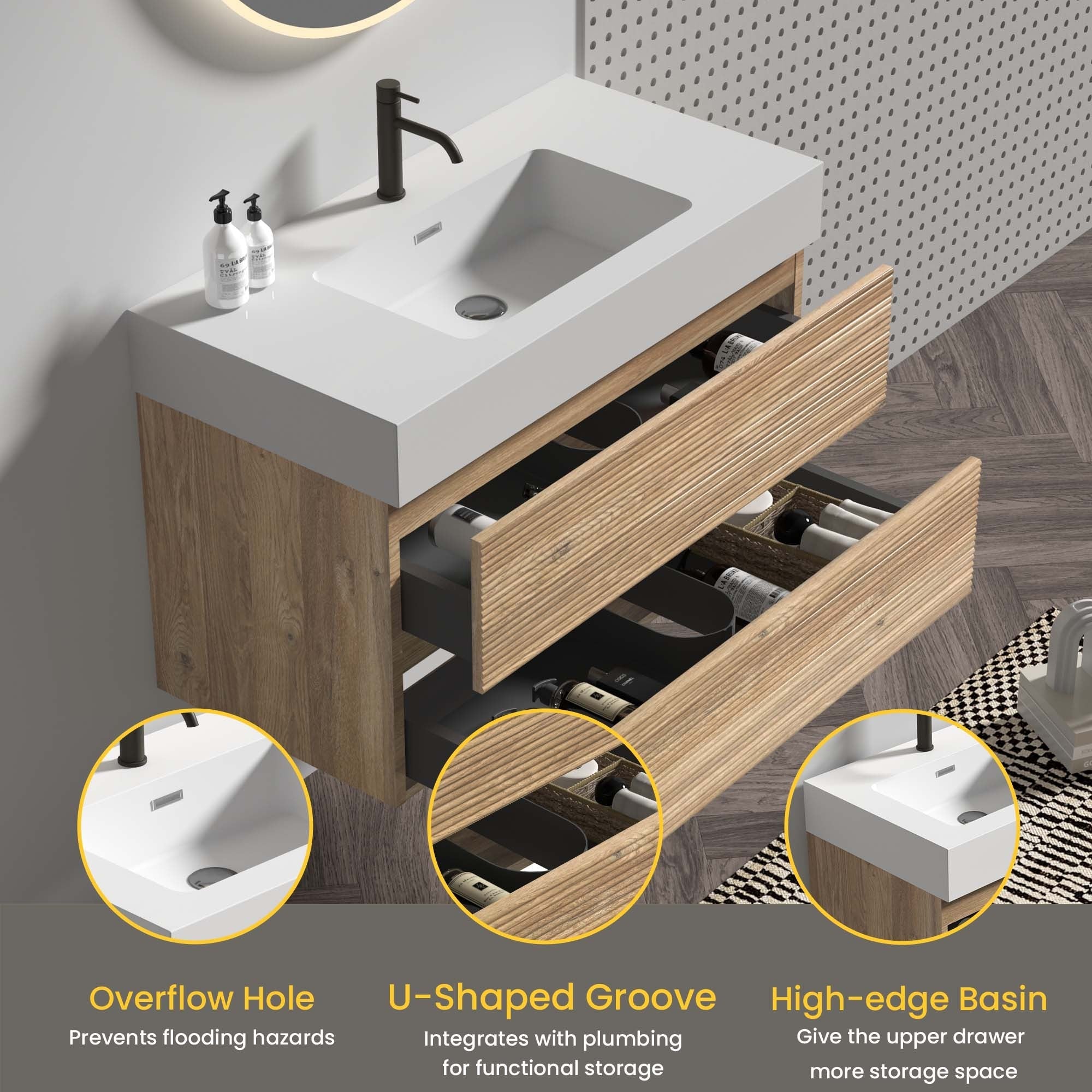 36'  Rough Oak+Rough Oak Bathroom Vanity with White Engineered Quartz Sink an...