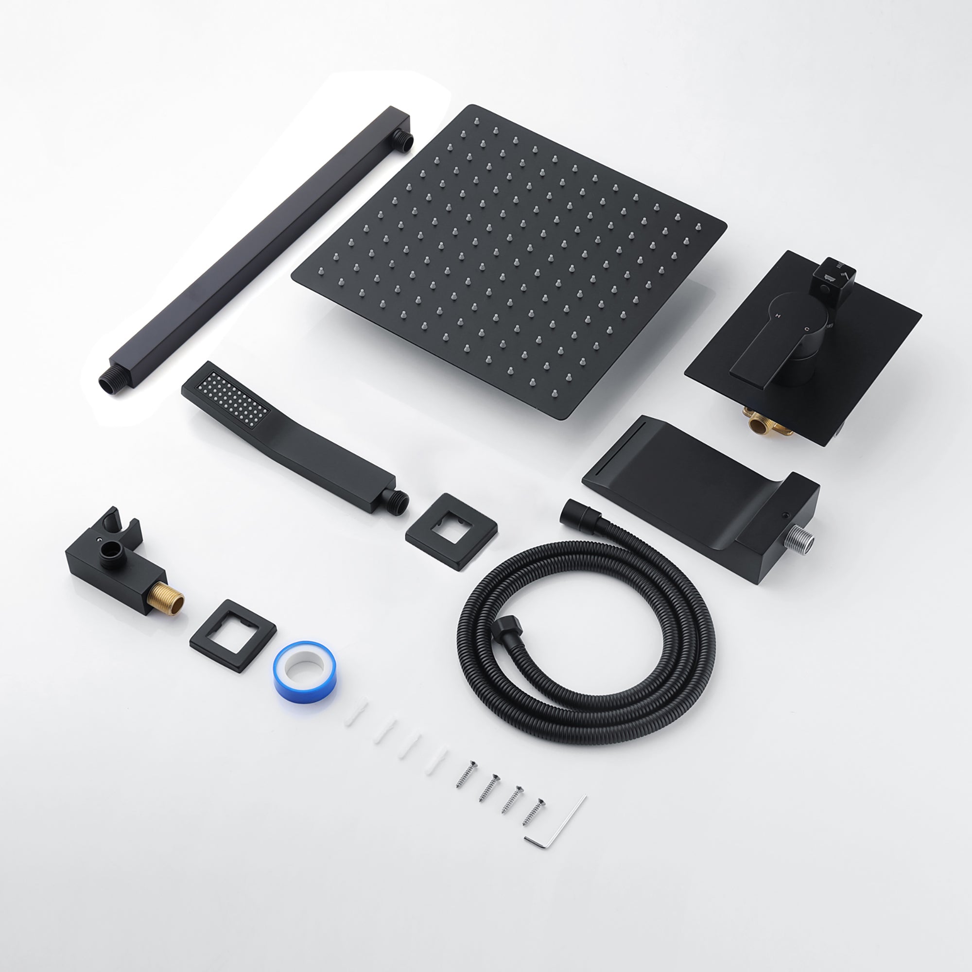 Matte Black All Metal Tub Shower Faucet Set with 12in Rain Shower Head, Wall