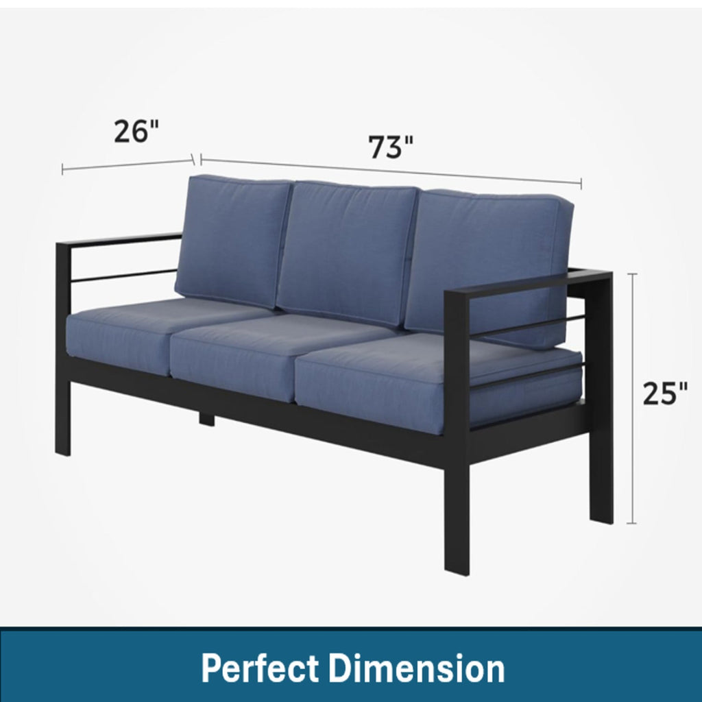Outdoor Aluminum Sofa 3 Seat 74" Blue Cushions