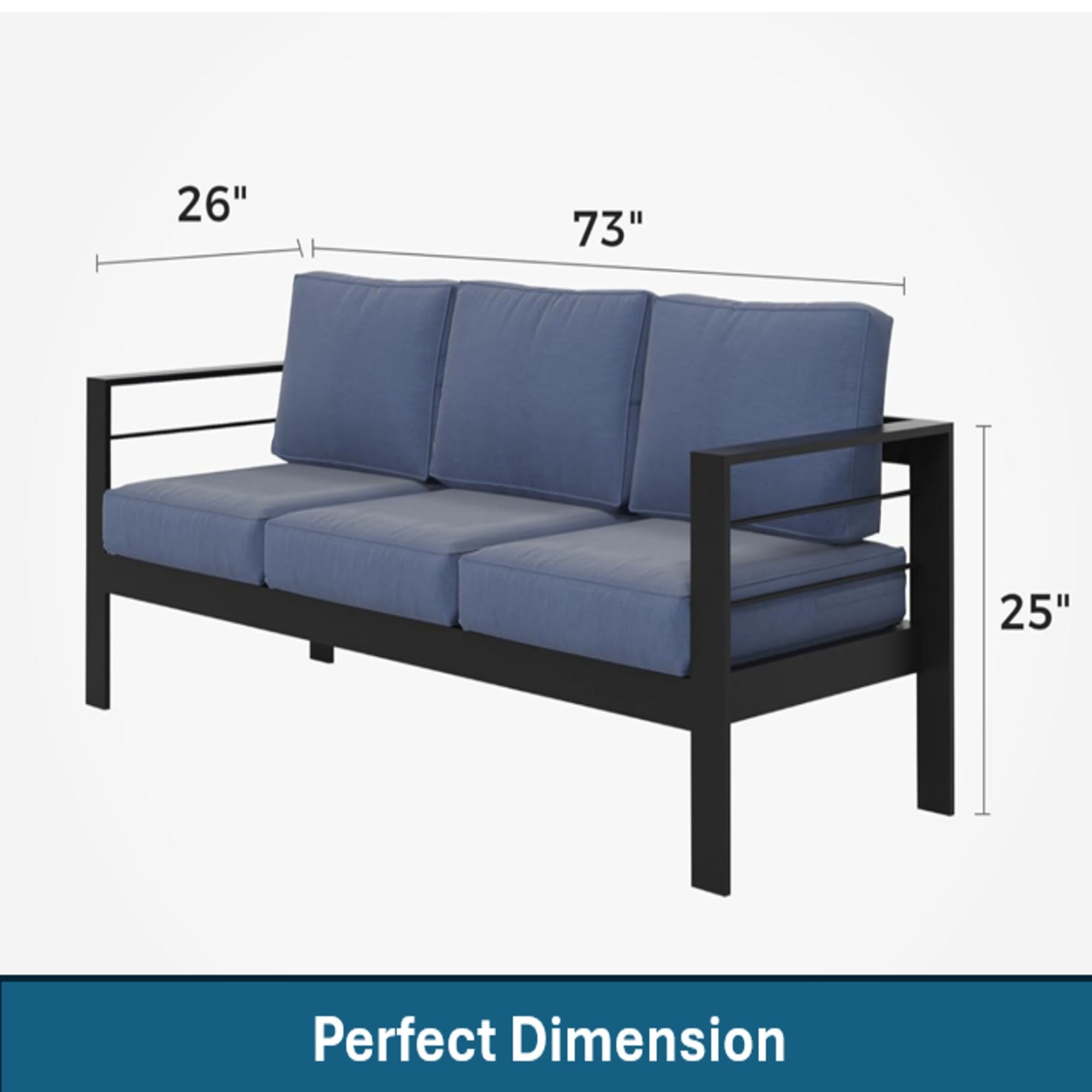 Outdoor Aluminum Sofa 3 Seat 74" Blue Cushions