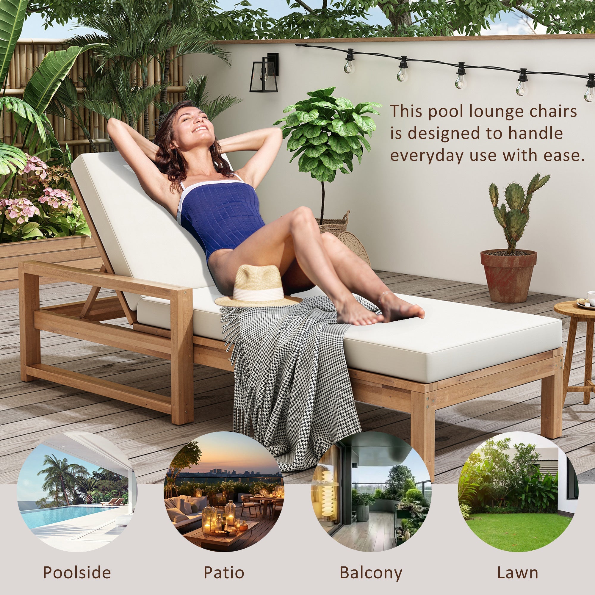 Outdoor Chaise Lounge Acacia Wood Light Teak Beige Cushion 5 Position 2