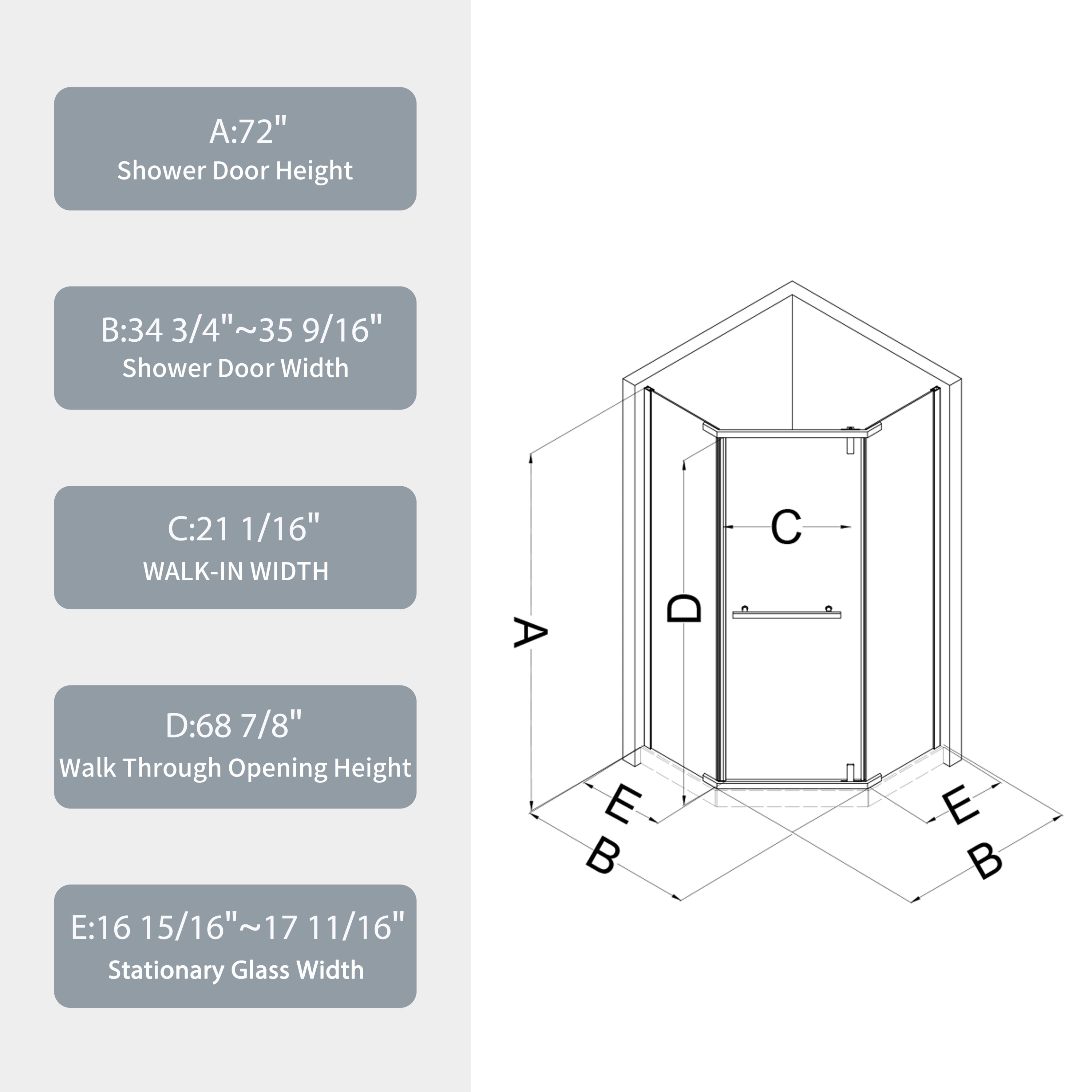 Pivot Shower Door 34.75 x 72 in. Frameless Neo-Angle Chrome, 1/4in Tempered