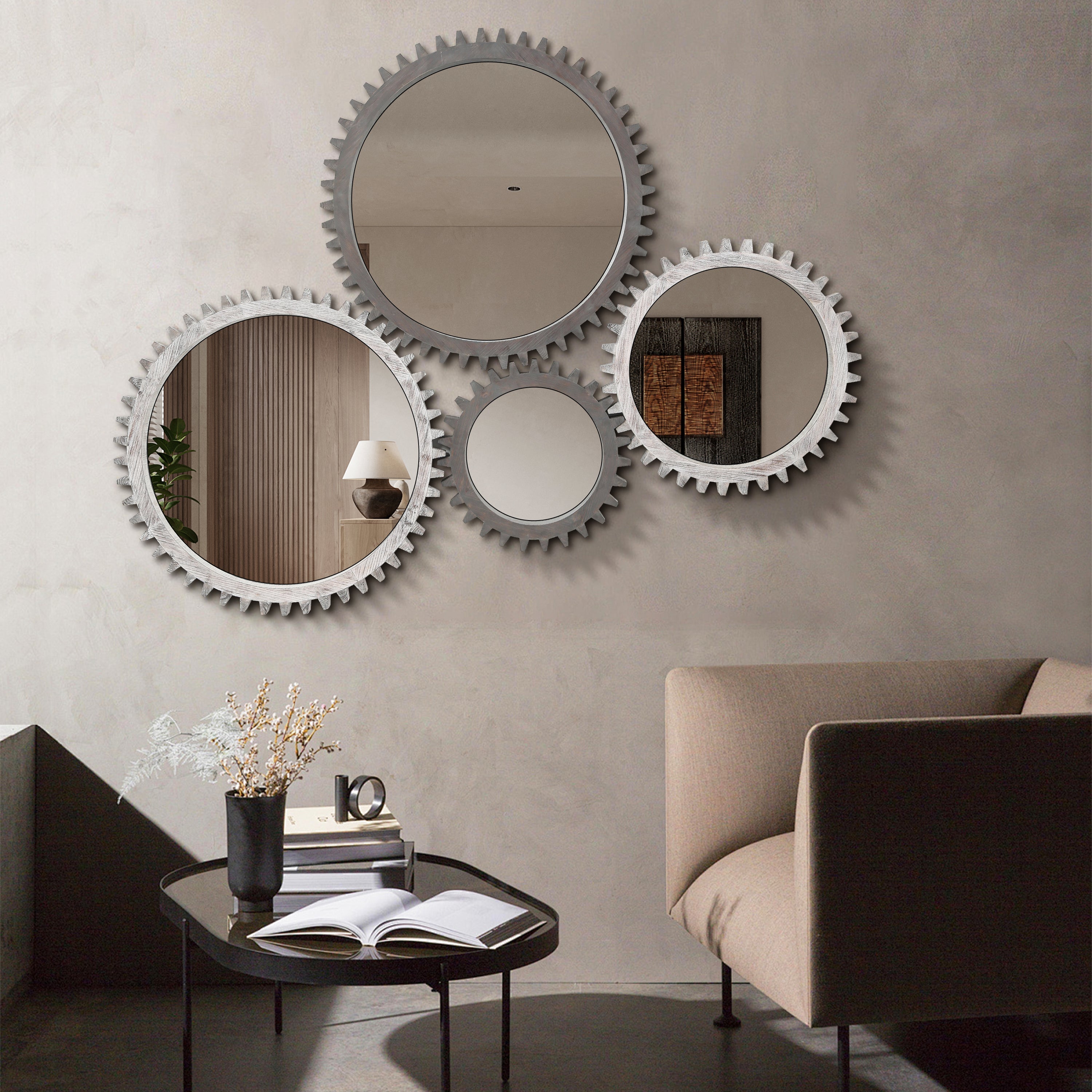 Wall Mirror Round Gear-Shape Wood Frame Dark Brown Vintage 16.5 In