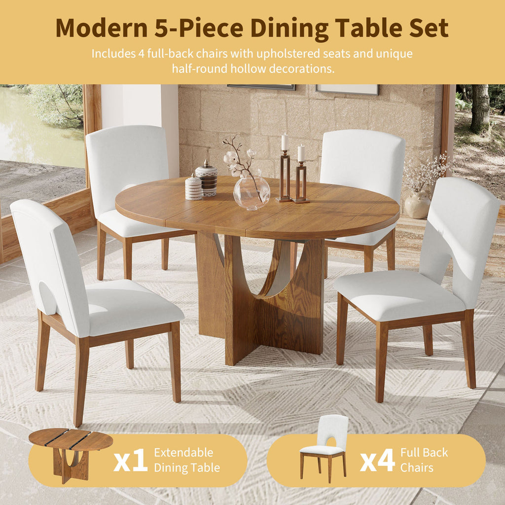 Modern 5-Piece Extendable Round Dining Table Set with 16.2inch Removable Leaf