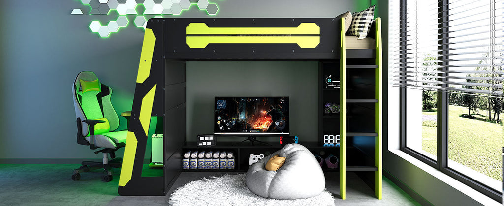 Twin Size Wood Loft Bed with Desk, Multi-storage Shelves and RGB Light, Green