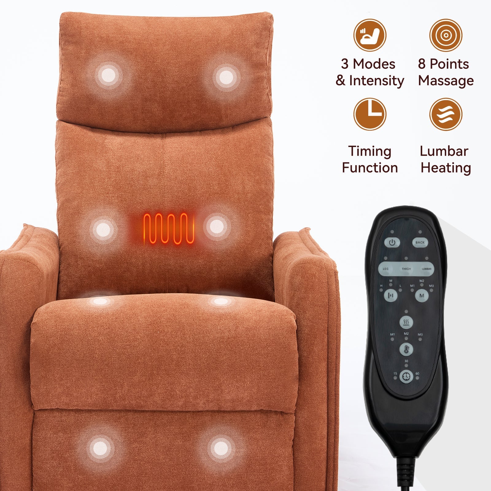 Recliner Chair Swivel Rocker Polyester Orange 360 Degree Heat Massage 155
