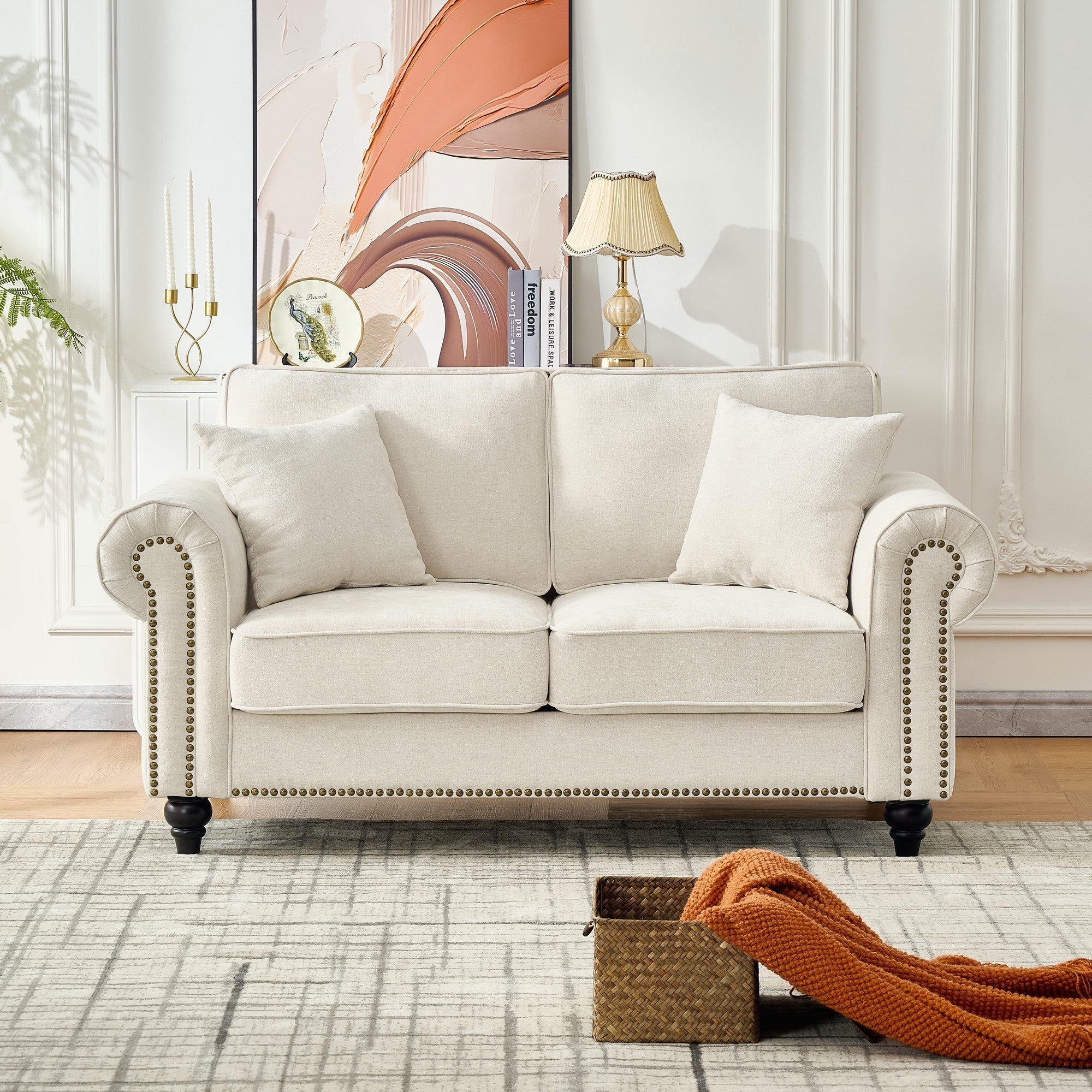 Loveseat Chenille Beige Rolled Arms Nailhead Trim 63 In 700 LB