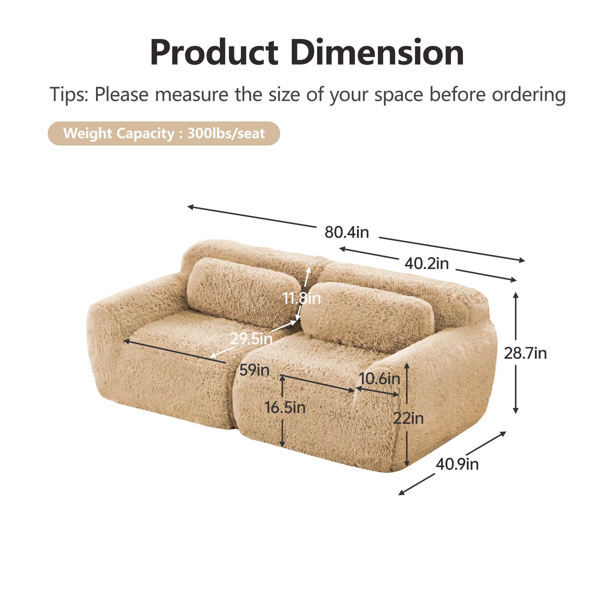 LoveSeat Modular Plush Light Khaki 2 Seat Non-Slip
