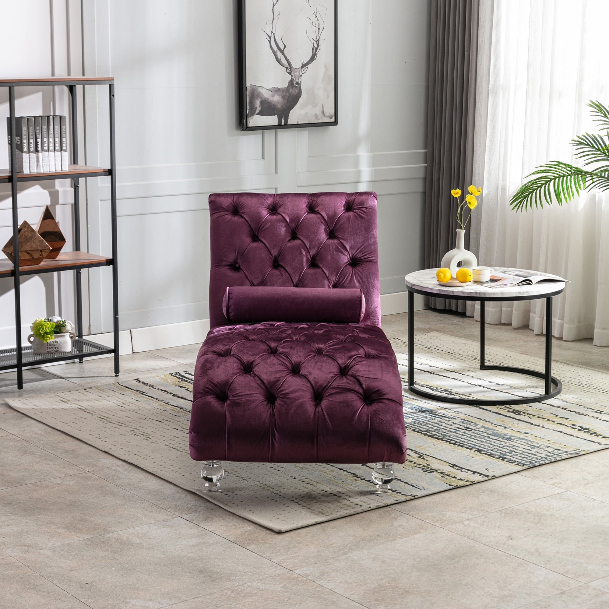 Velvet Chaise Lounge Indoor, Button-Tufted with Pillow, Purple, Bedroom