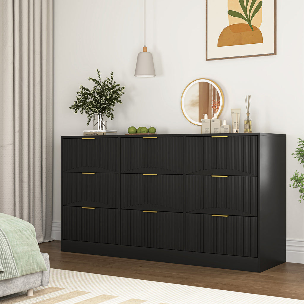Dresser Classic 9-Drawer Black Particle Board Gold Handles 63x15.74 In