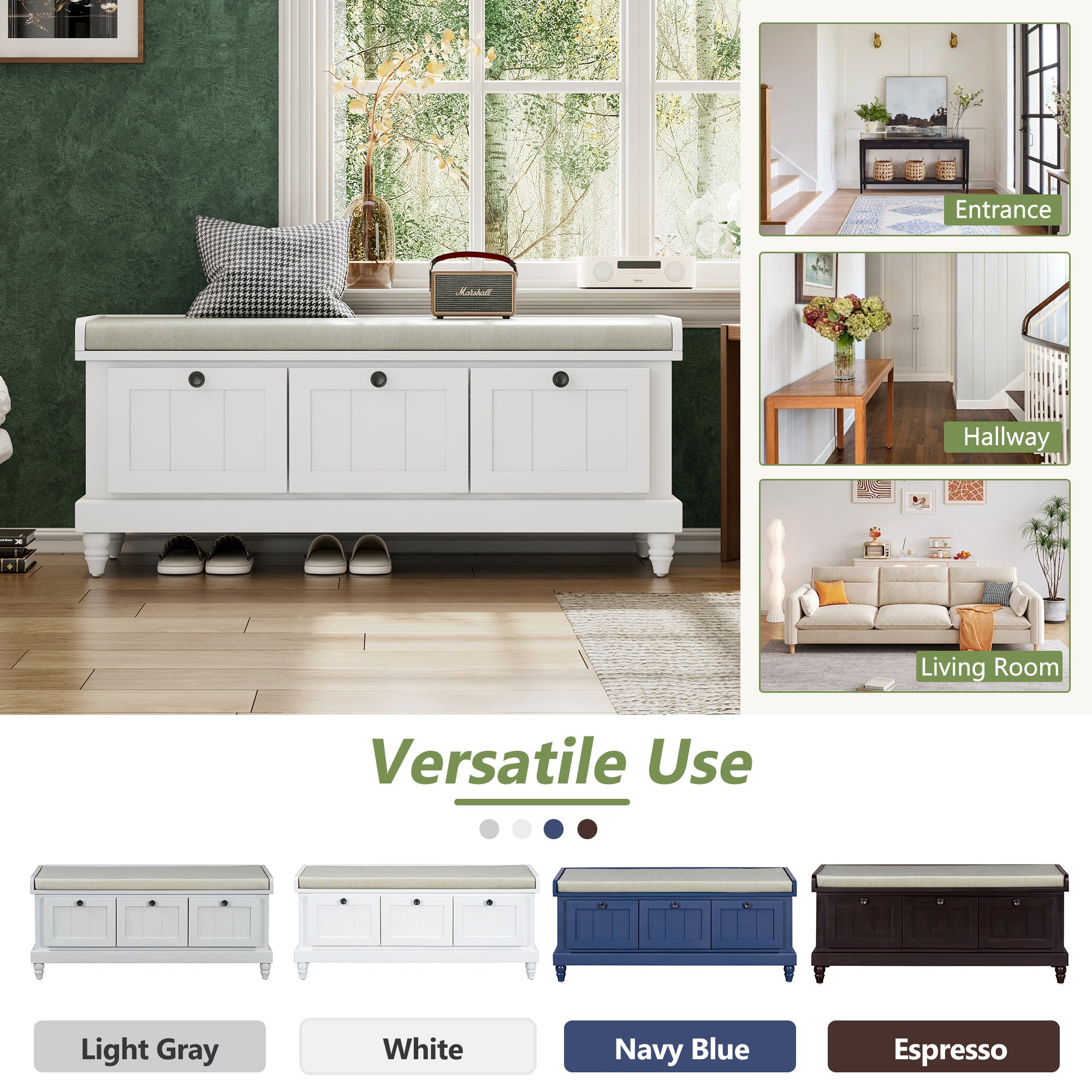Entry Bench Fluted MDF White Cushioned Seat 3 Drawers 44x16x19