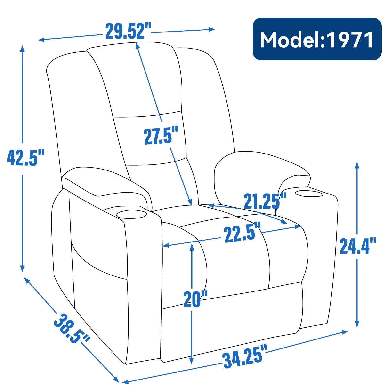 Lift Recliner Chair Power Chenille Blue Heat Massage USB Cup Holders 350 LB