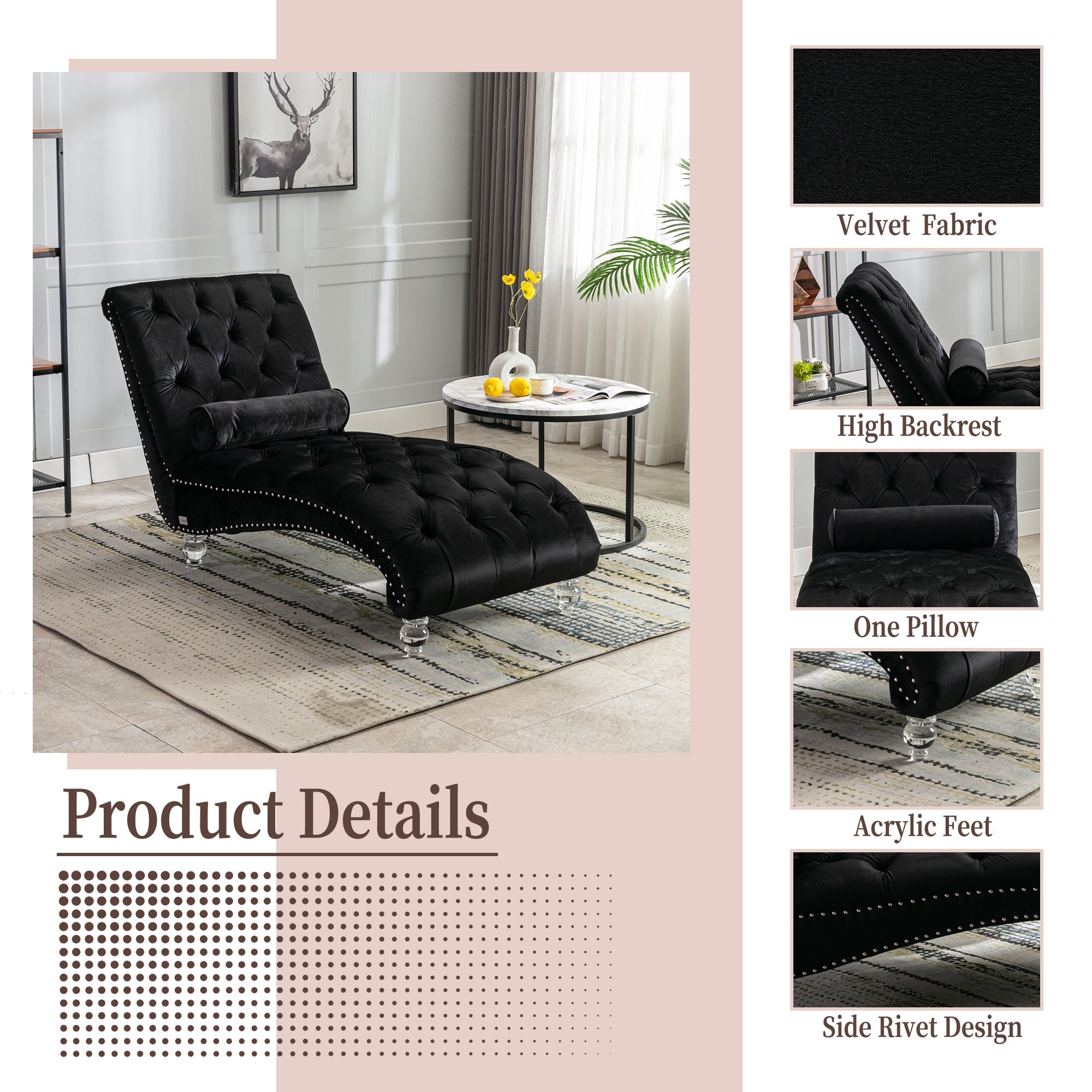 Velvet Chaise Lounge, Button-Tufted with Pillow, Black, 63.38x28.94x34.05 in