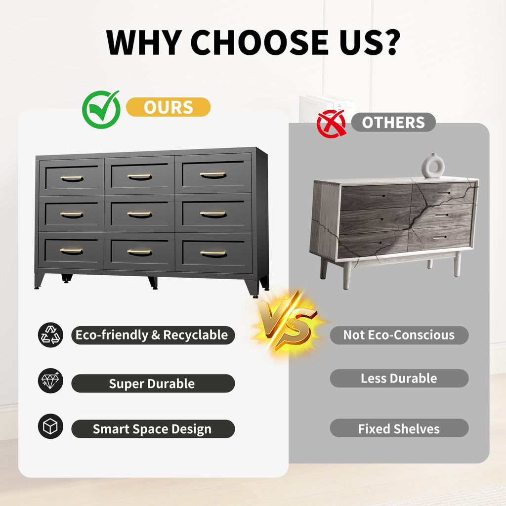 Dresser 9-Drawer Black Steel Smooth-Glide Powder Coat 52x15.8x30 In