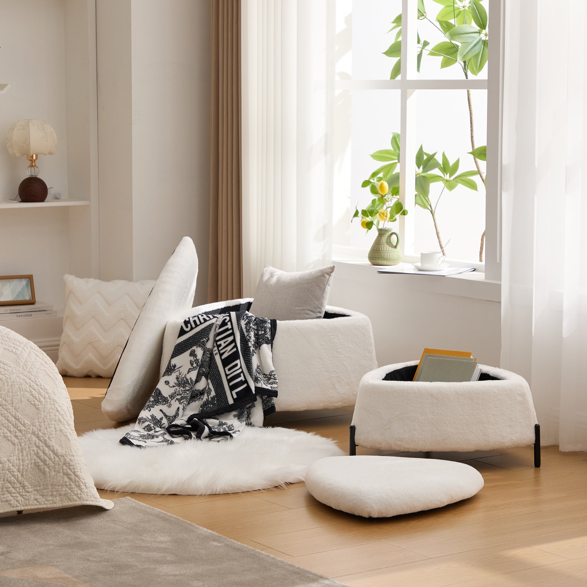 Ivory Faux Fur Upholstered Storage Ottoman Set with Metal Legs