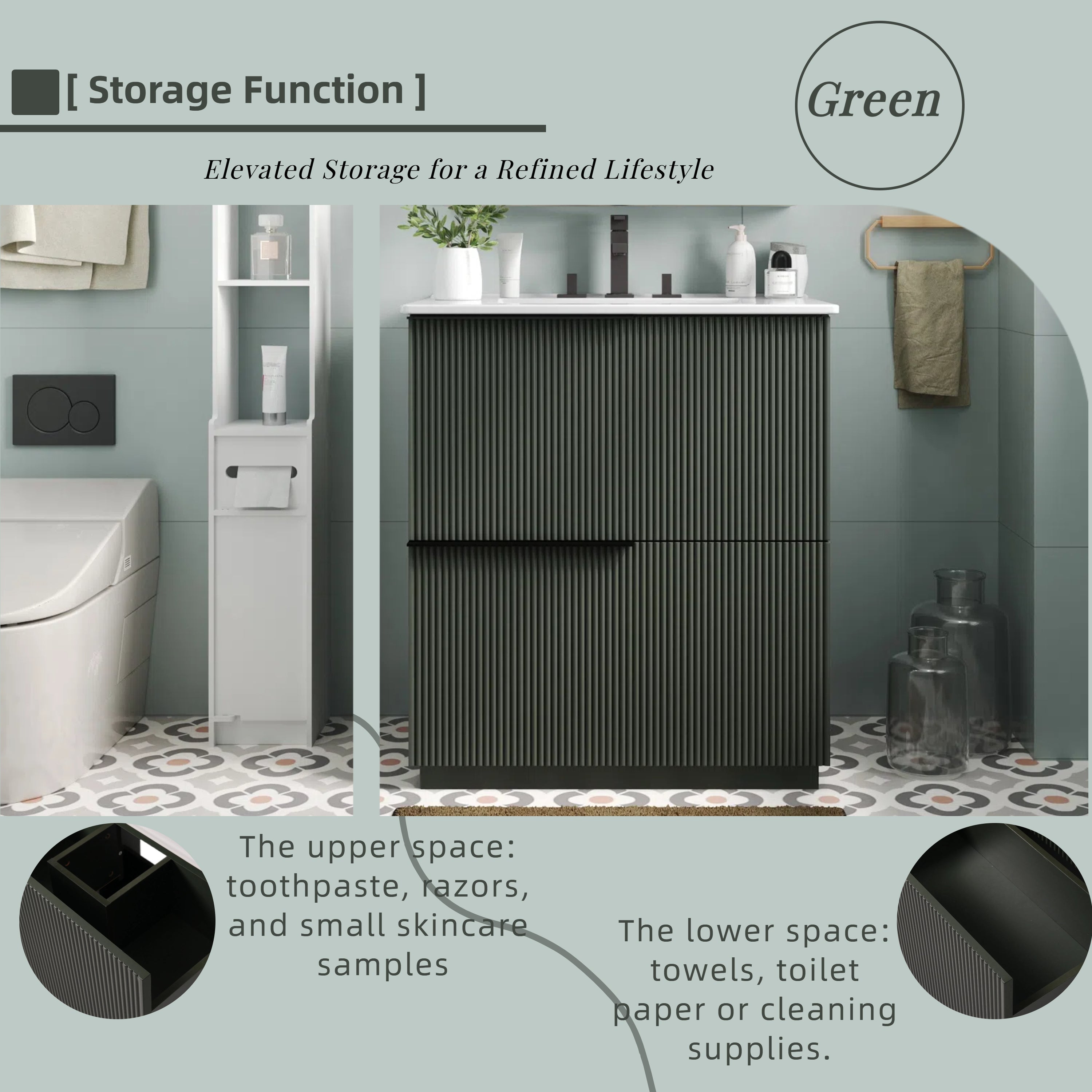 Green Fluted Bathroom Vanity with Ceramic Sink, 30' Full-Extension Drawers, S...
