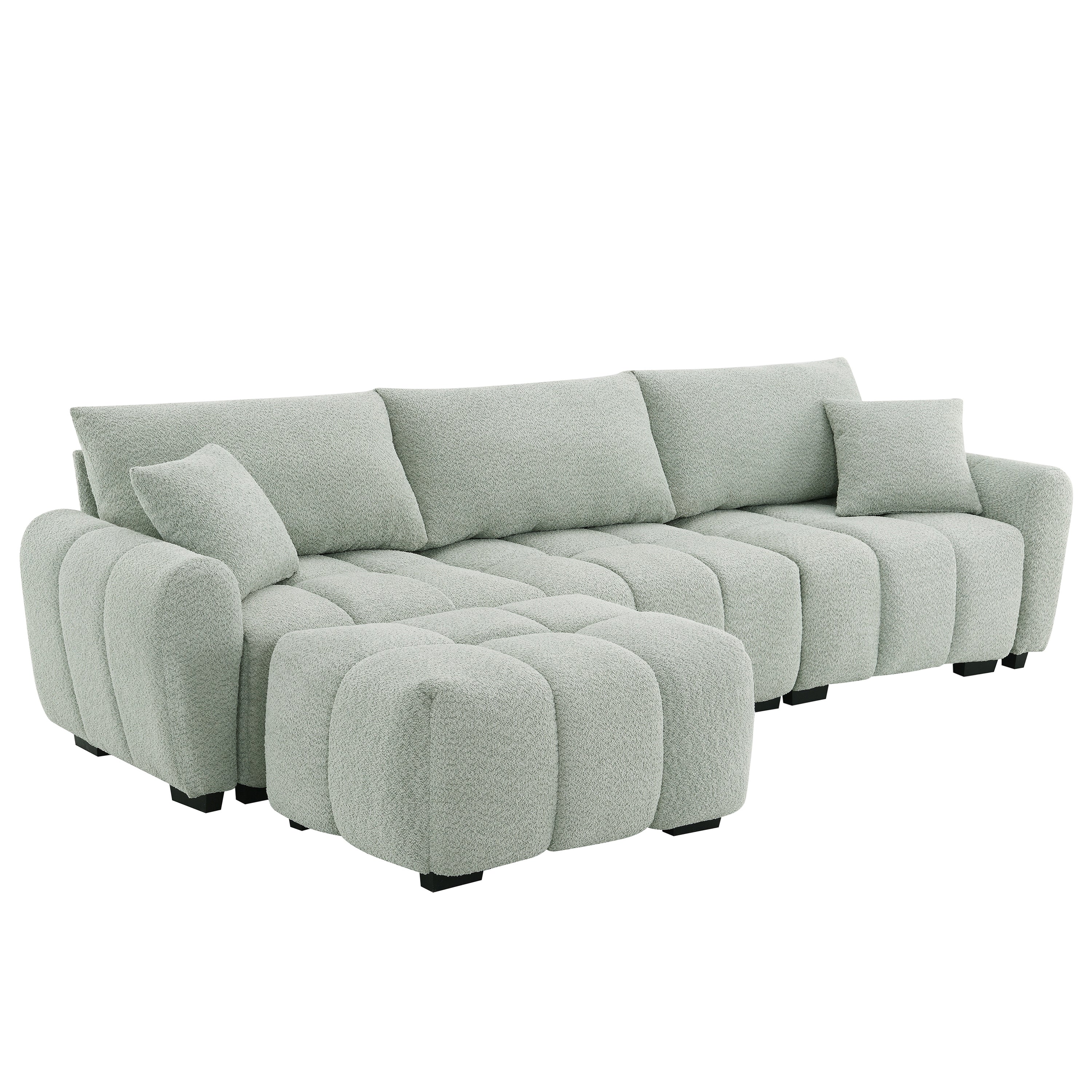 Sectional Sofa L-Shape Boucle Light Green 4 Seat Ottoman 110 In