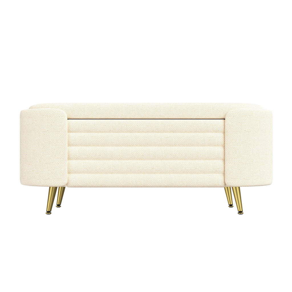 Storage Ottoman Oval Chenille Beige Metal Legs Hidden Storage 44.9x18x18 In