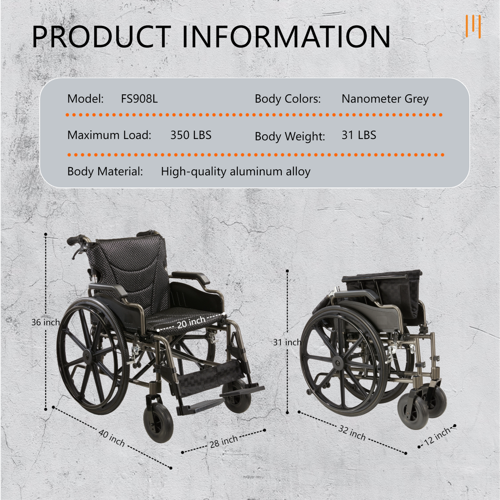 Wheelchair Manual Transport Folding Aluminum 20 In Seat 275 LB Black Gray