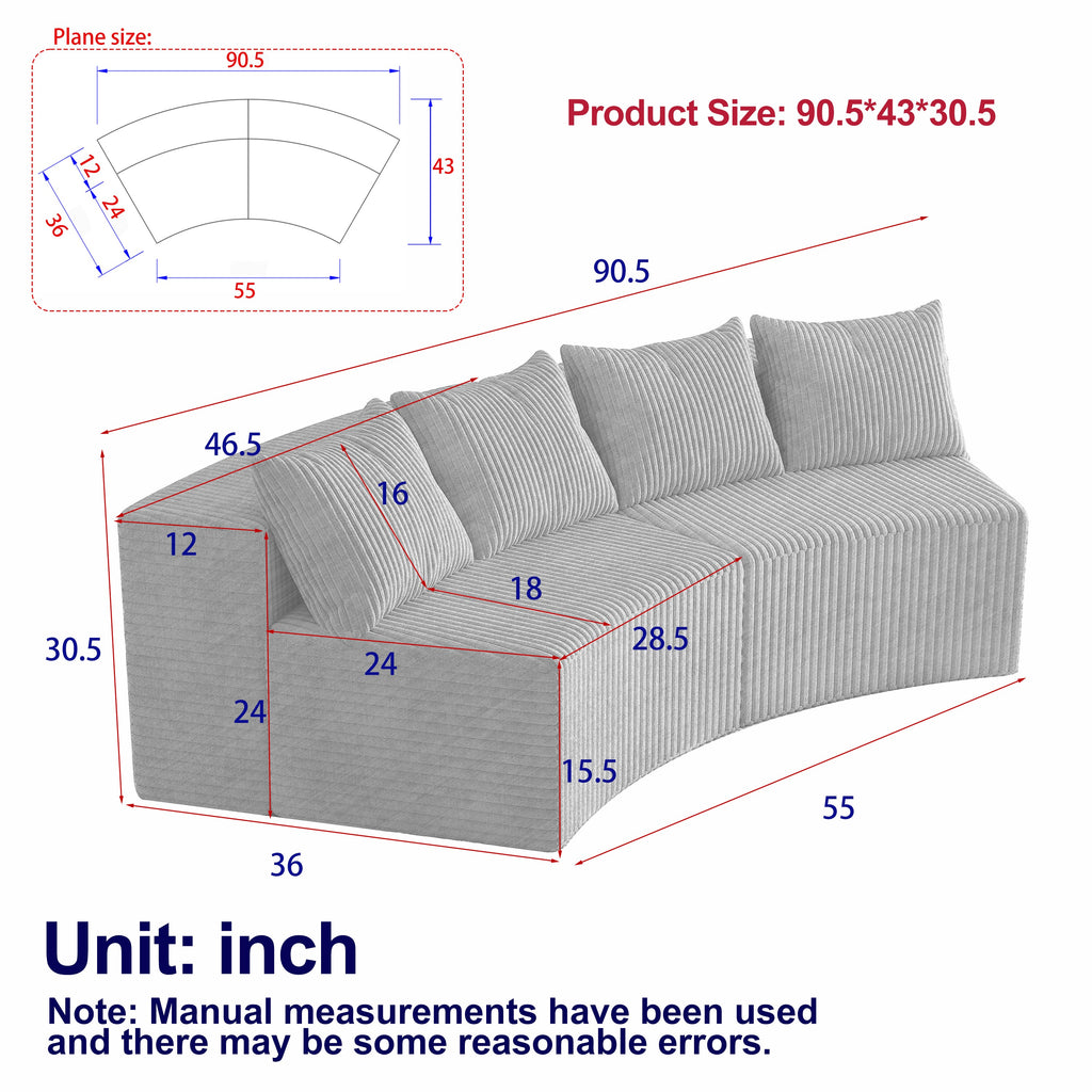 Sectional Sofa Modular Curved Corduroy Beige 2 Seat 4 Pillows