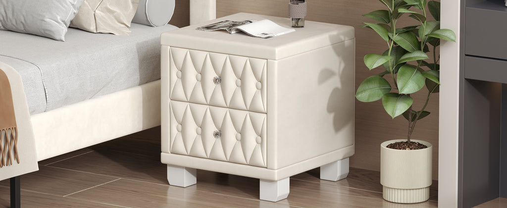 Velvet Nightstand with 2 Drawers, Crystal Handle, Button-Tufted, Beige
