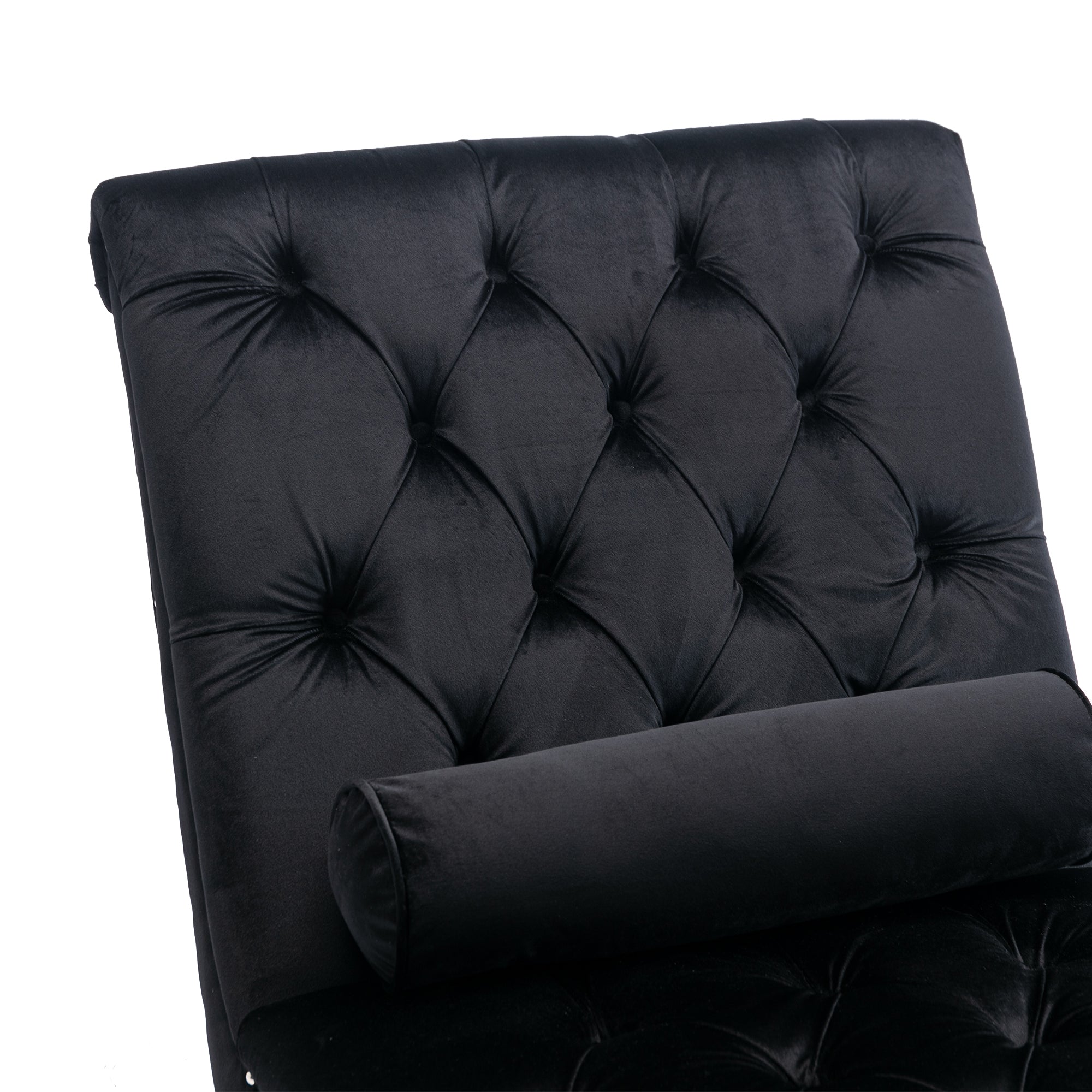 Velvet Chaise Lounge, Button-Tufted with Pillow, Black, 63.38x28.94x34.05 in