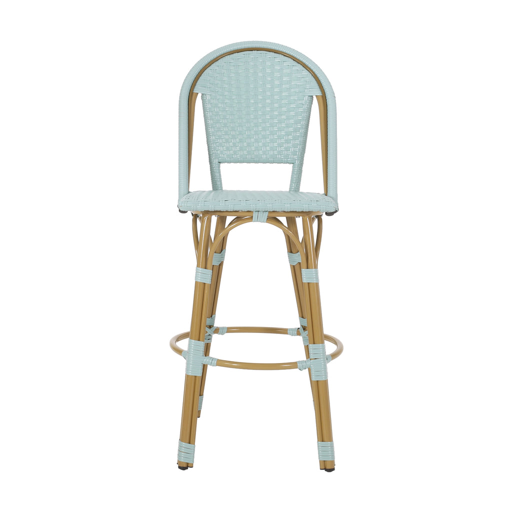 29.5 Inch Outdoor PE Rattan Aluminum French Barstools, Set of 2, Light Teal